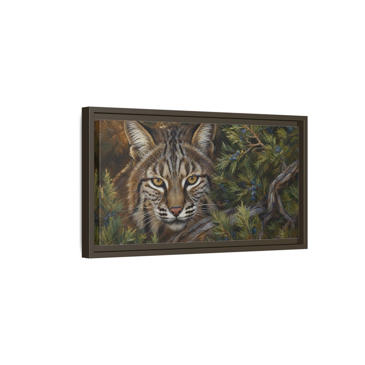 Side Mockup 7. Animals Bobcat Brown And Green Wildlife shown as stretched canvas wall art