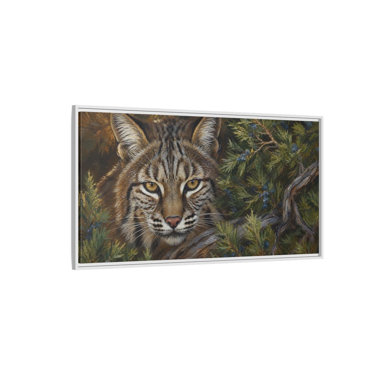 Side Mockup 3. Animals Bobcat Brown And Green Wildlife shown as stretched canvas wall art