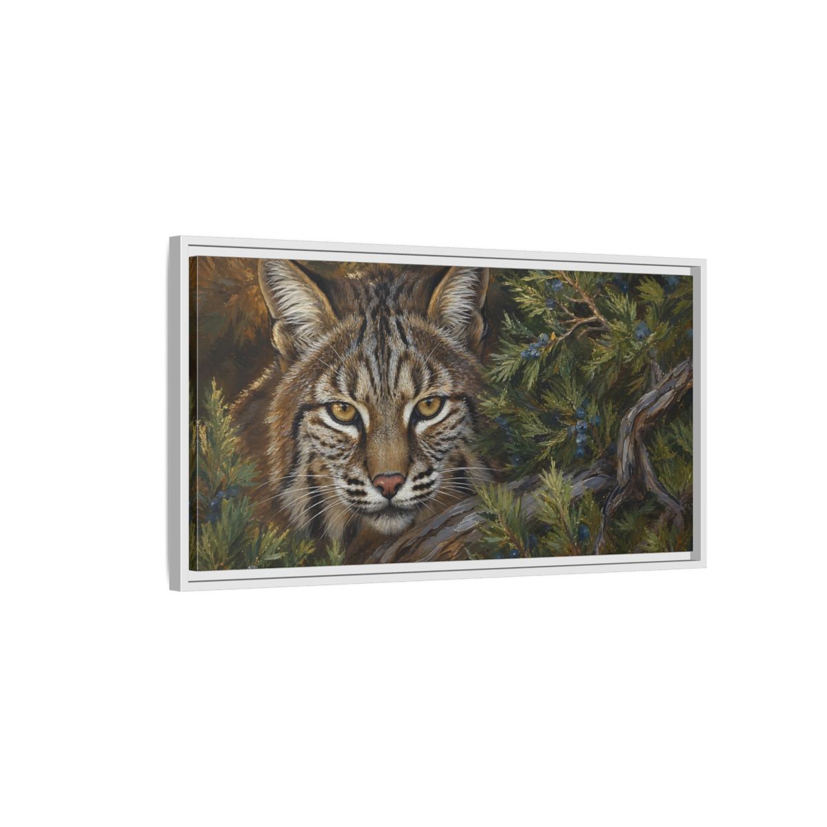 Side Mockup 1. Animals Bobcat Brown And Green Wildlife shown as stretched canvas wall art