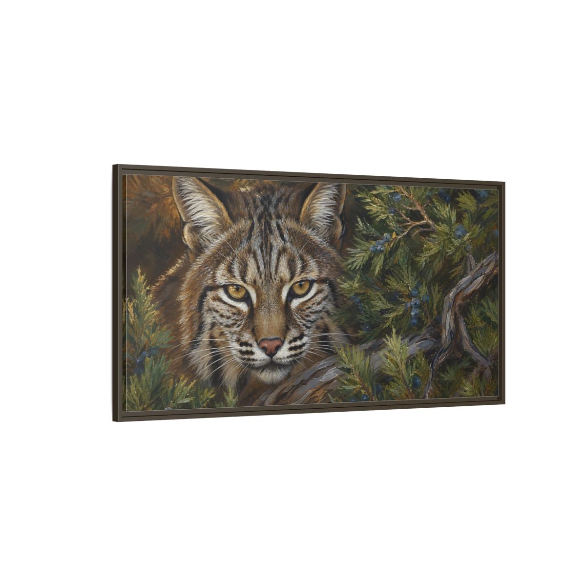 Side Mockup 4. Animals Bobcat Brown And Green Wildlife shown as stretched canvas wall art