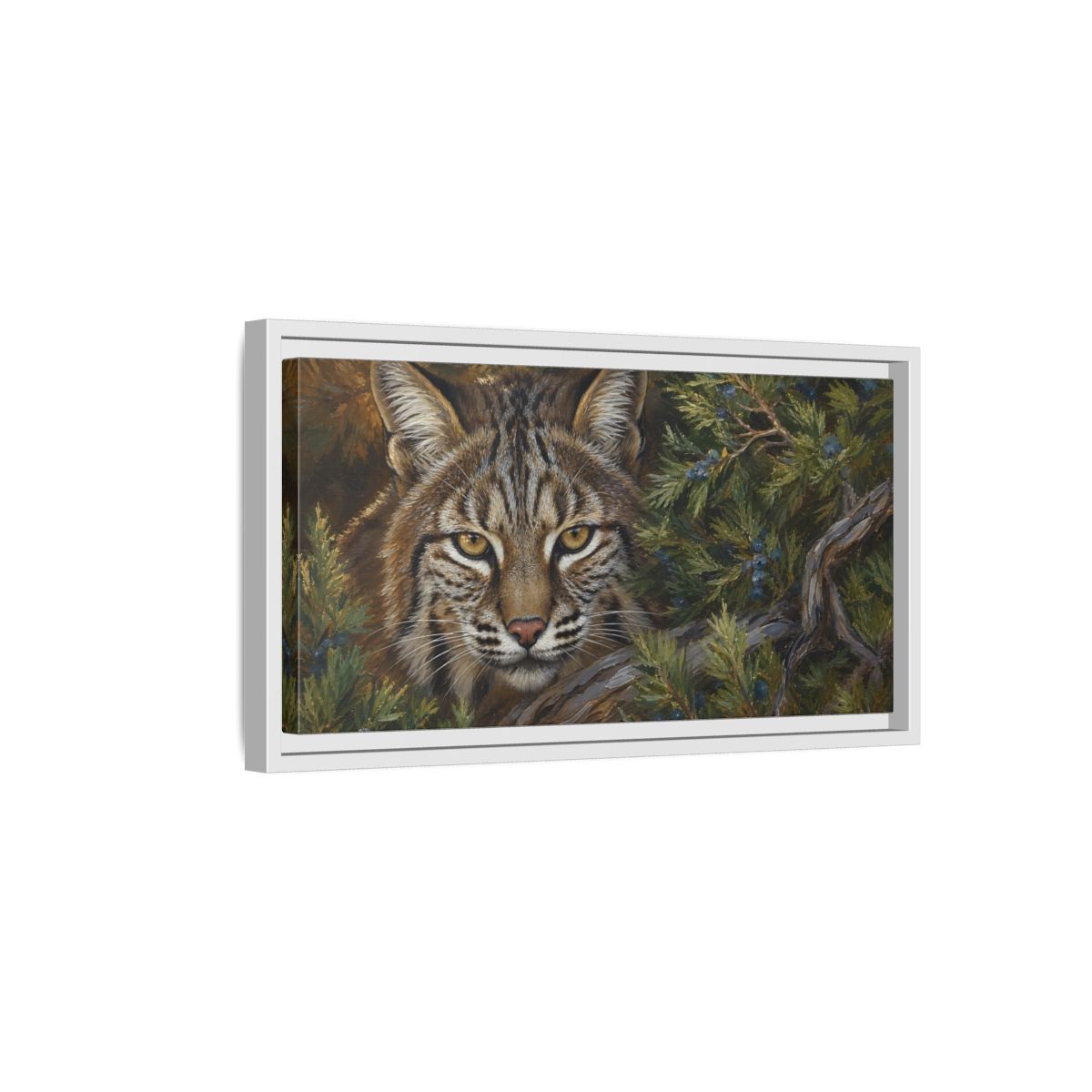 Side Mockup 6. Animals Bobcat Brown And Green Wildlife shown as stretched canvas wall art