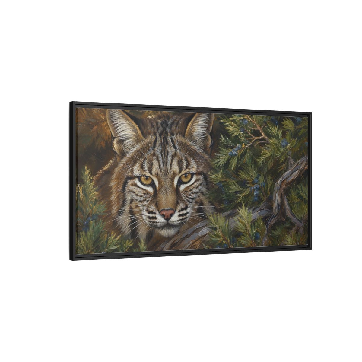 Side Mockup 5. Animals Bobcat Brown And Green Wildlife shown as stretched canvas wall art