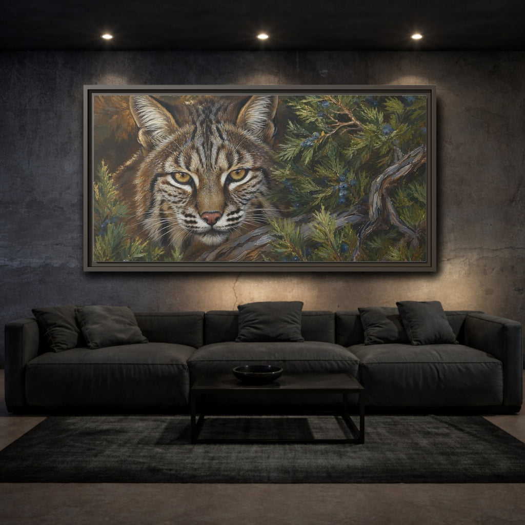 Mockup 3. Animals Bobcat Brown And Green Wildlife shown as stretched canvas wall art
