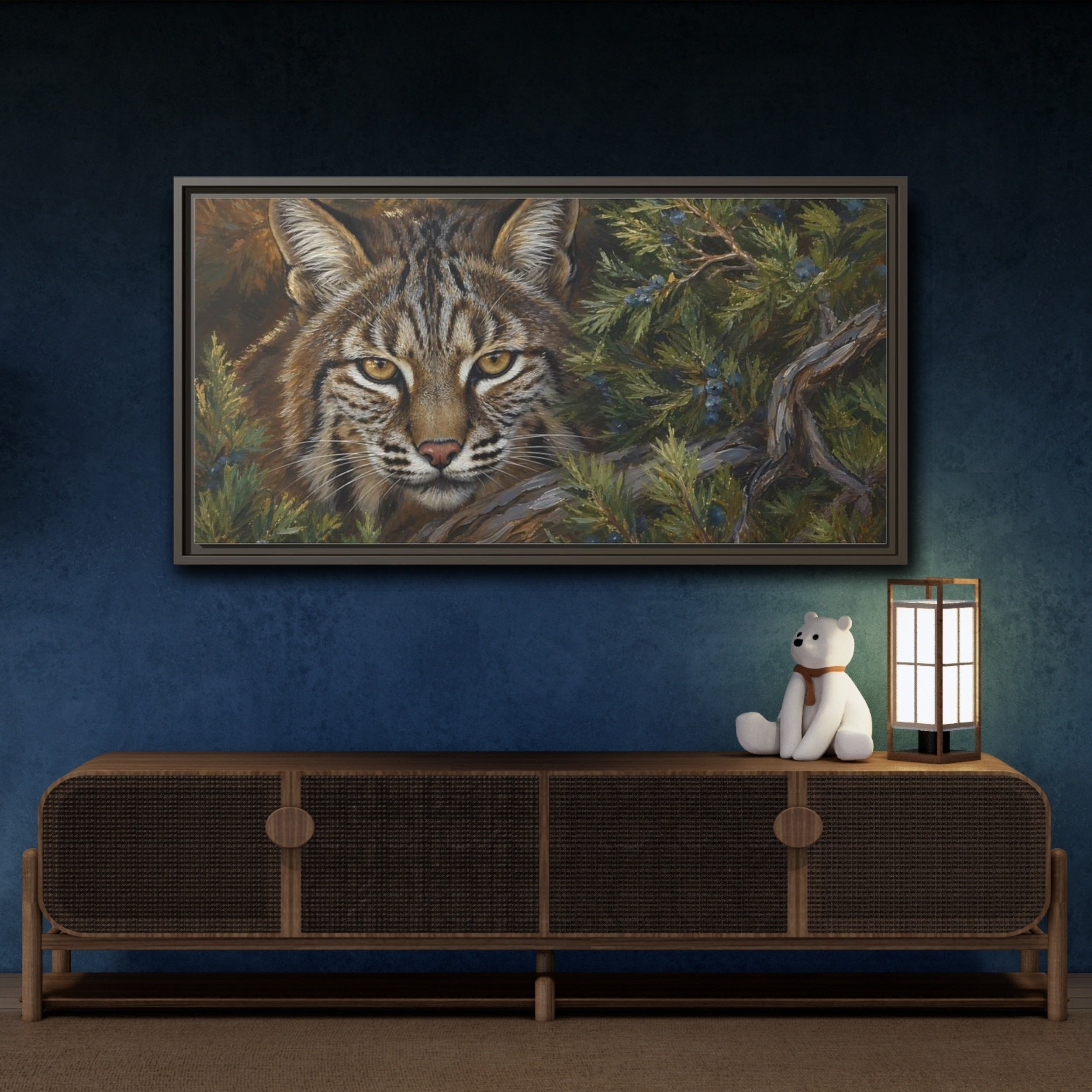 Mockup 4. Animals Bobcat Brown And Green Wildlife shown as stretched canvas wall art