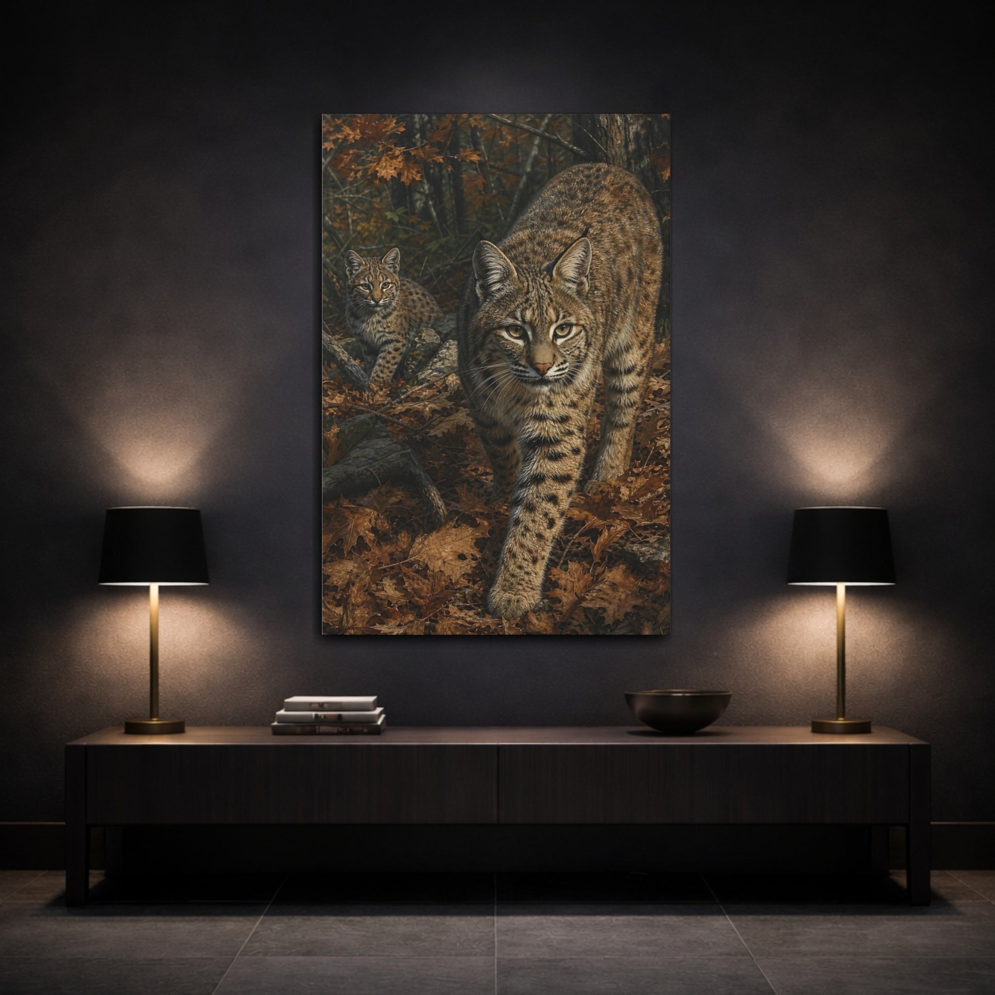 Mockup 3. Animals Bobcats Brown Bobcats shown as stretched canvas wall art