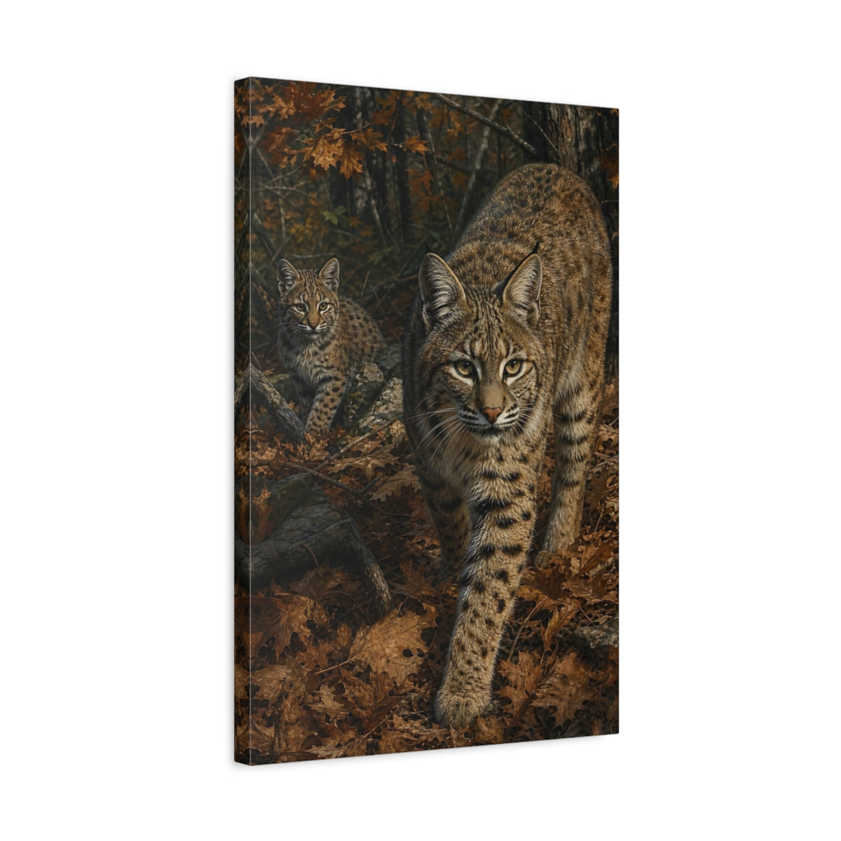 Side Mockup 3. Animals Bobcats Brown Bobcats shown as stretched canvas wall art