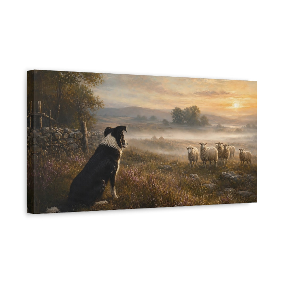 Side Mockup 3. Animals Border Collie Misty Field Dog shown as stretched canvas wall art