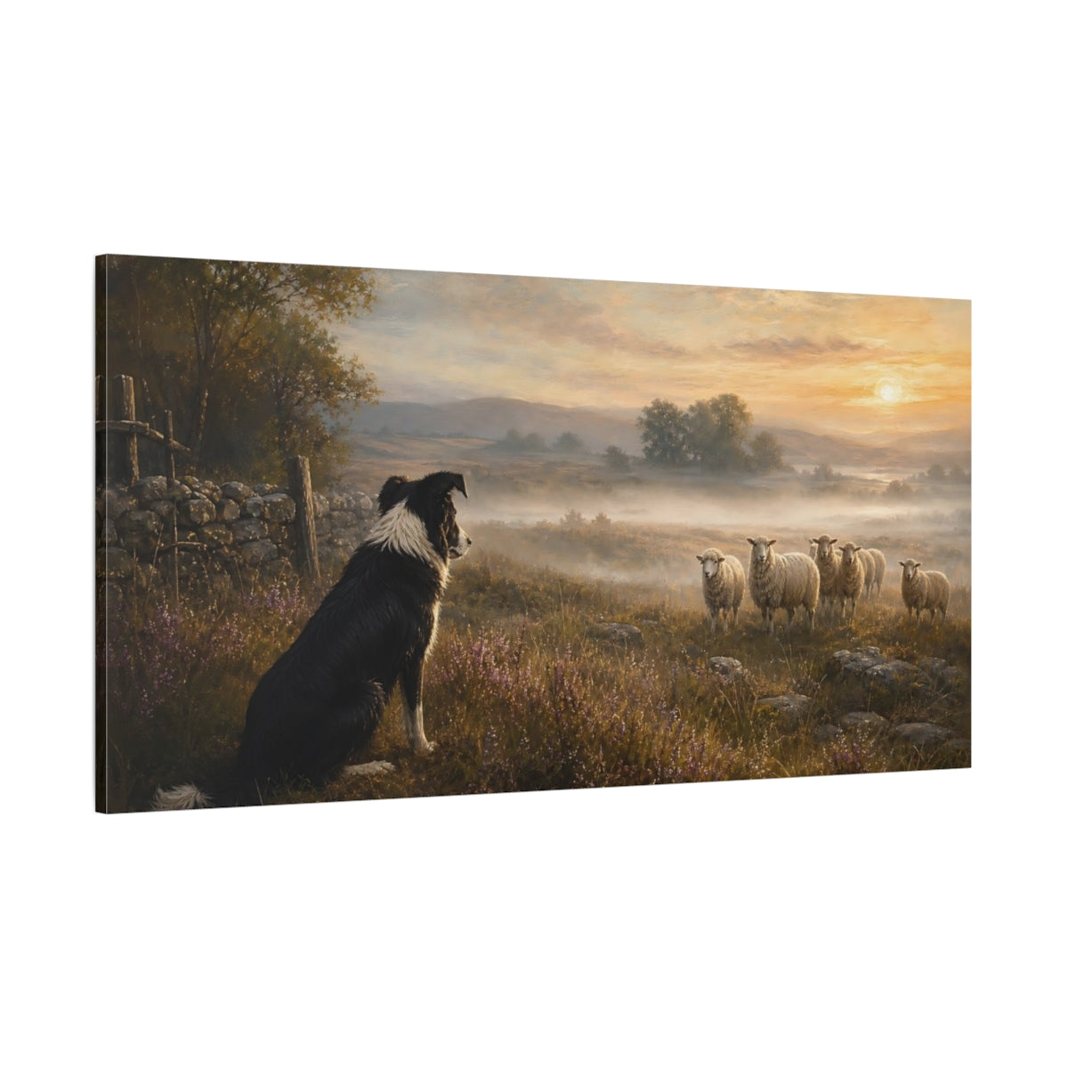 Side Mockup 2. Animals Border Collie Misty Field Dog shown as stretched canvas wall art