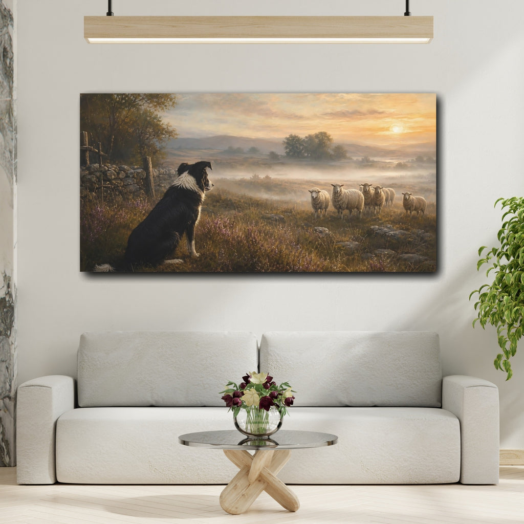 Mockup 2. Animals Border Collie Misty Field Dog shown as stretched canvas wall art