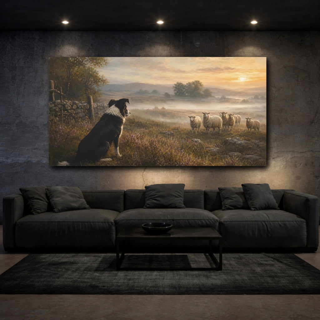 Mockup 3. Animals Border Collie Misty Field Dog shown as stretched canvas wall art
