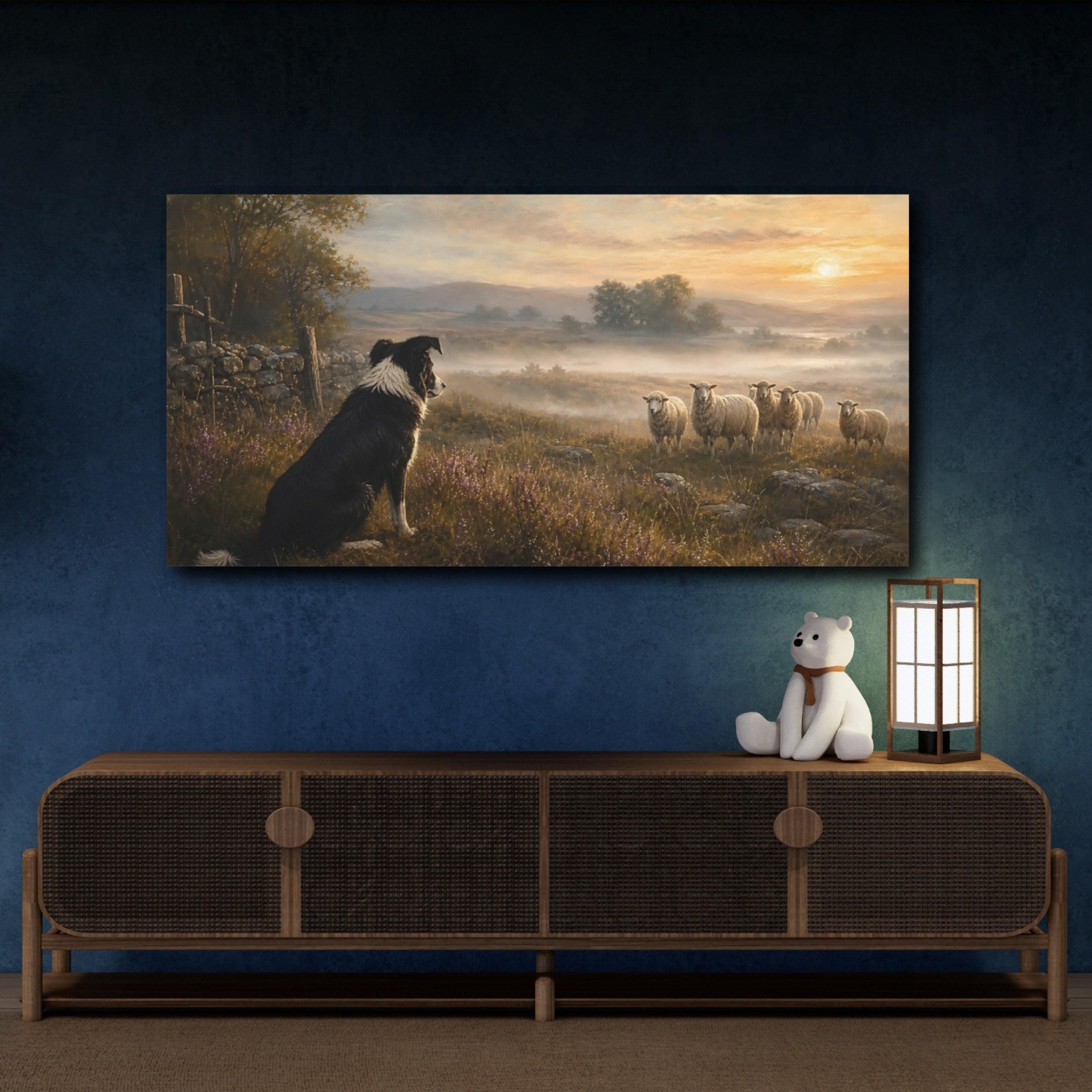 Mockup 4. Animals Border Collie Misty Field Dog shown as stretched canvas wall art