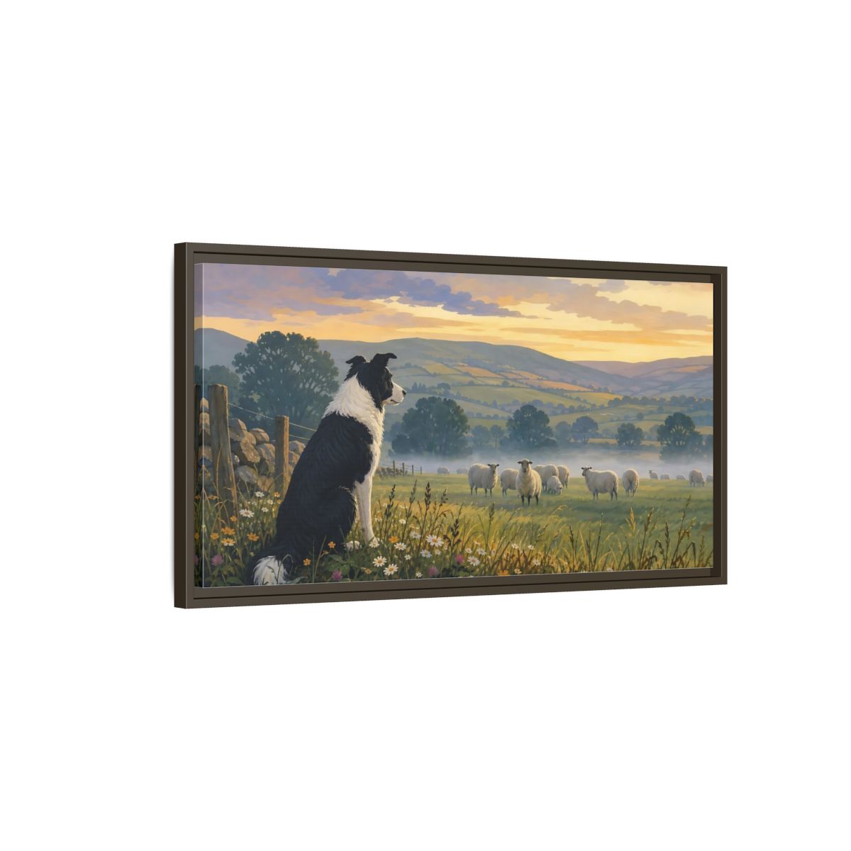 Main Mockup. Animals Border Collie Pastoral Dog Scene shown as stretched canvas wall art