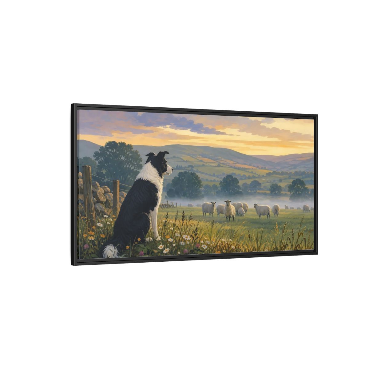 Side Mockup 5. Animals Border Collie Pastoral Dog Scene shown as stretched canvas wall art