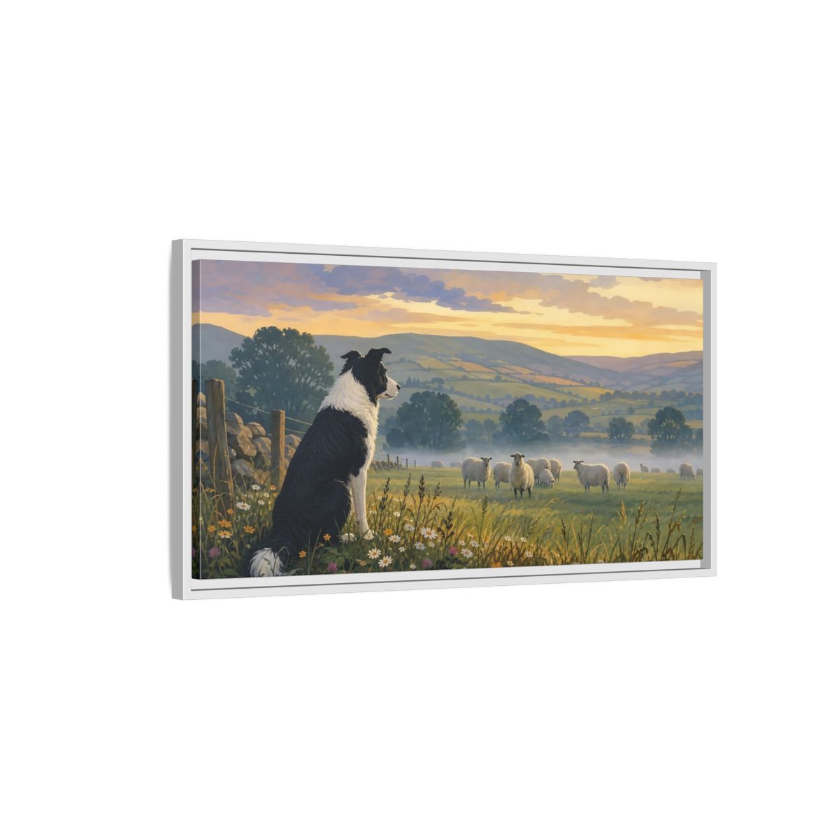 Side Mockup 1. Animals Border Collie Pastoral Dog Scene shown as stretched canvas wall art