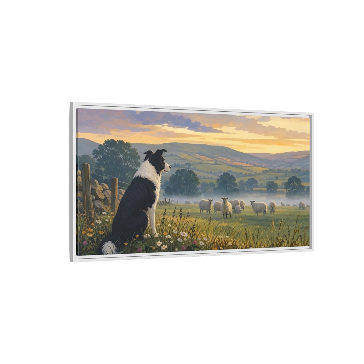 Side Mockup 3. Animals Border Collie Pastoral Dog Scene shown as stretched canvas wall art