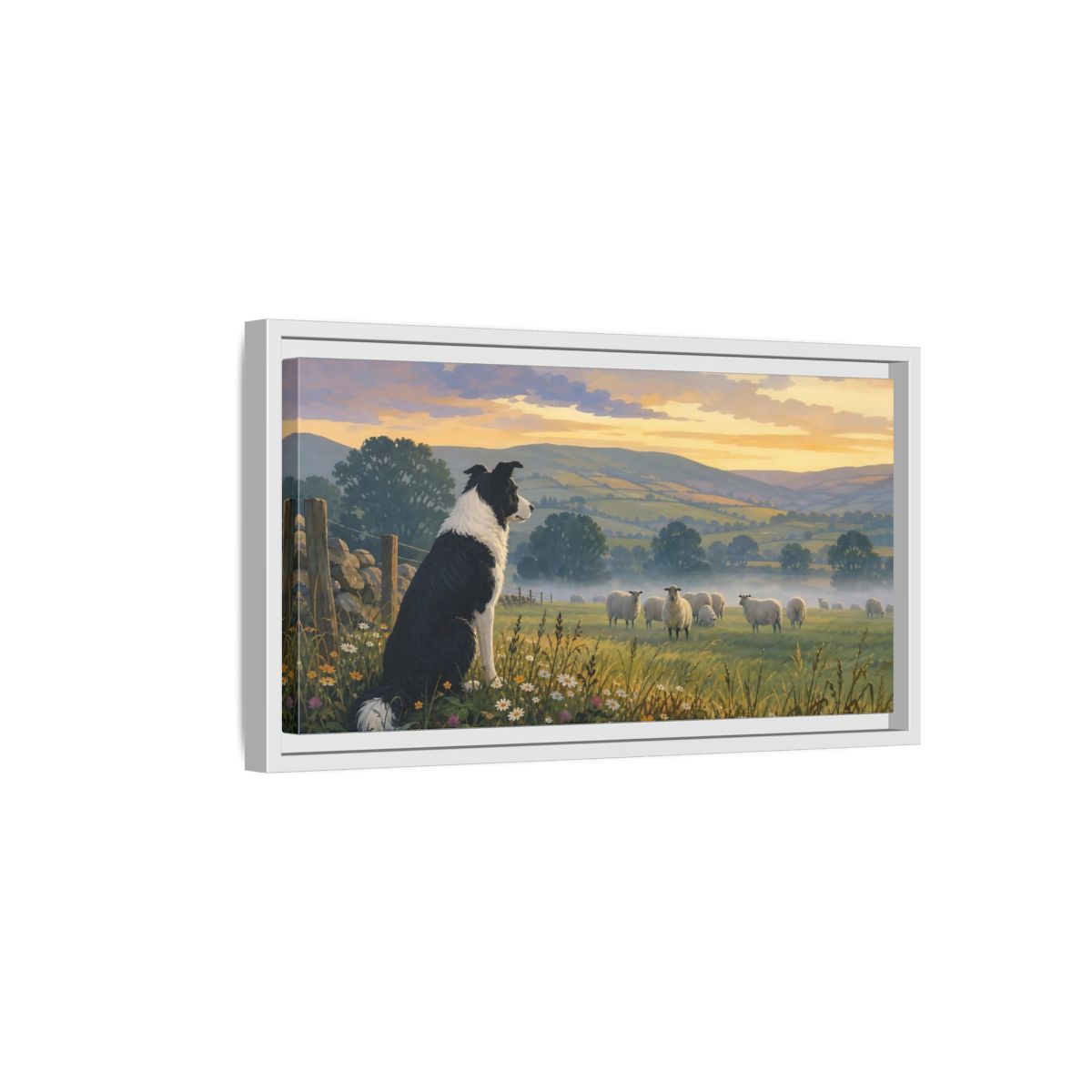 Side Mockup 6. Animals Border Collie Pastoral Dog Scene shown as stretched canvas wall art