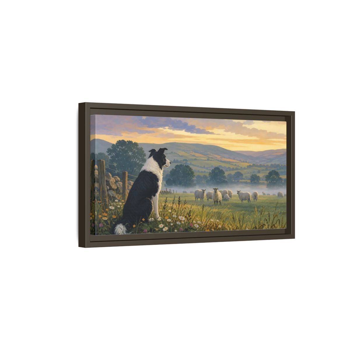 Side Mockup 7. Animals Border Collie Pastoral Dog Scene shown as stretched canvas wall art