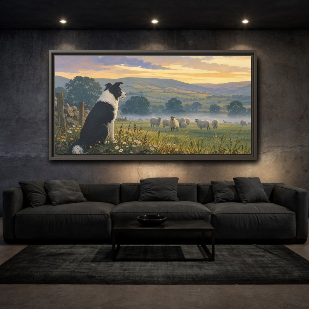 Mockup 3. Animals Border Collie Pastoral Dog Scene shown as stretched canvas wall art