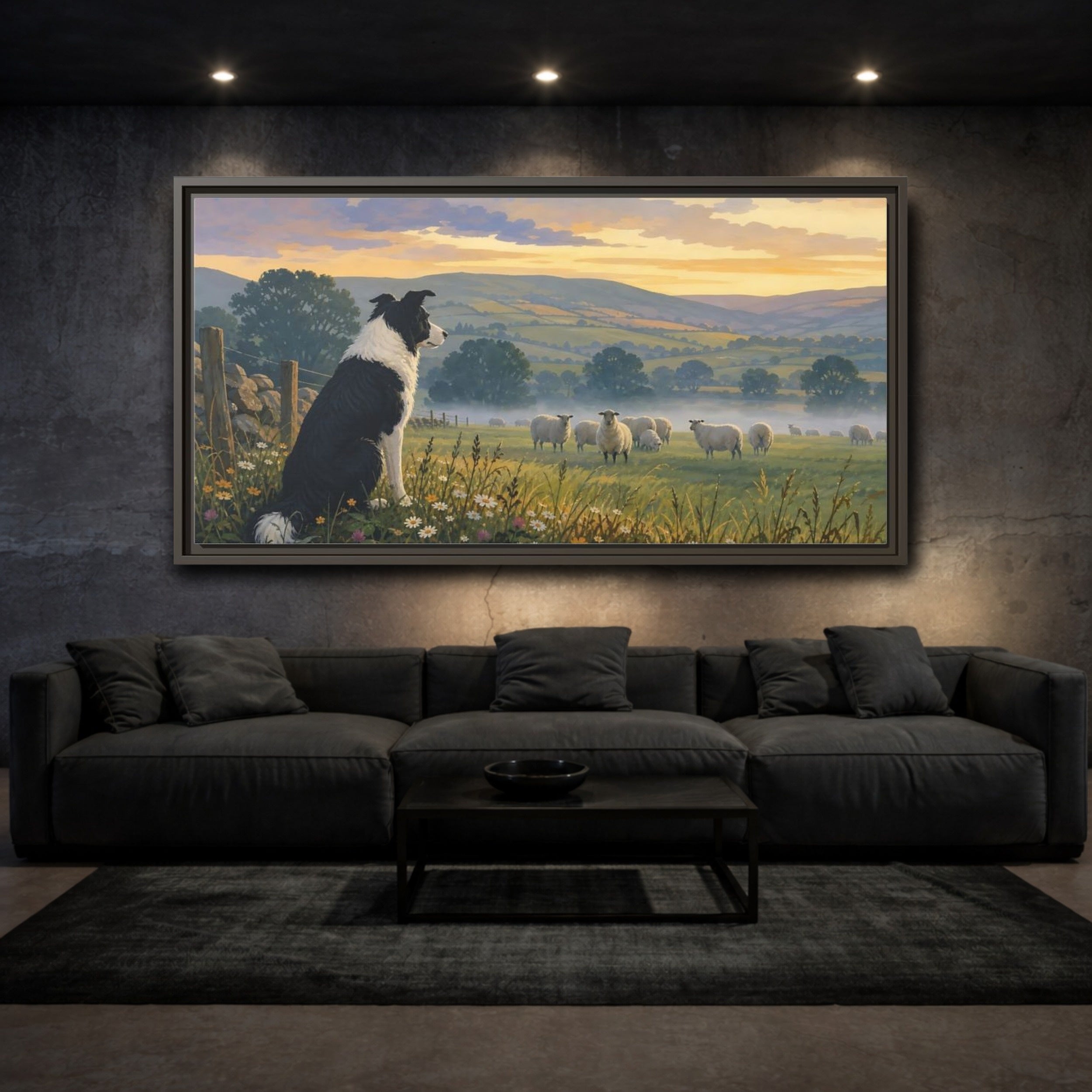 Mockup 3. Animals Border Collie Pastoral Dog Scene shown as stretched canvas wall art
