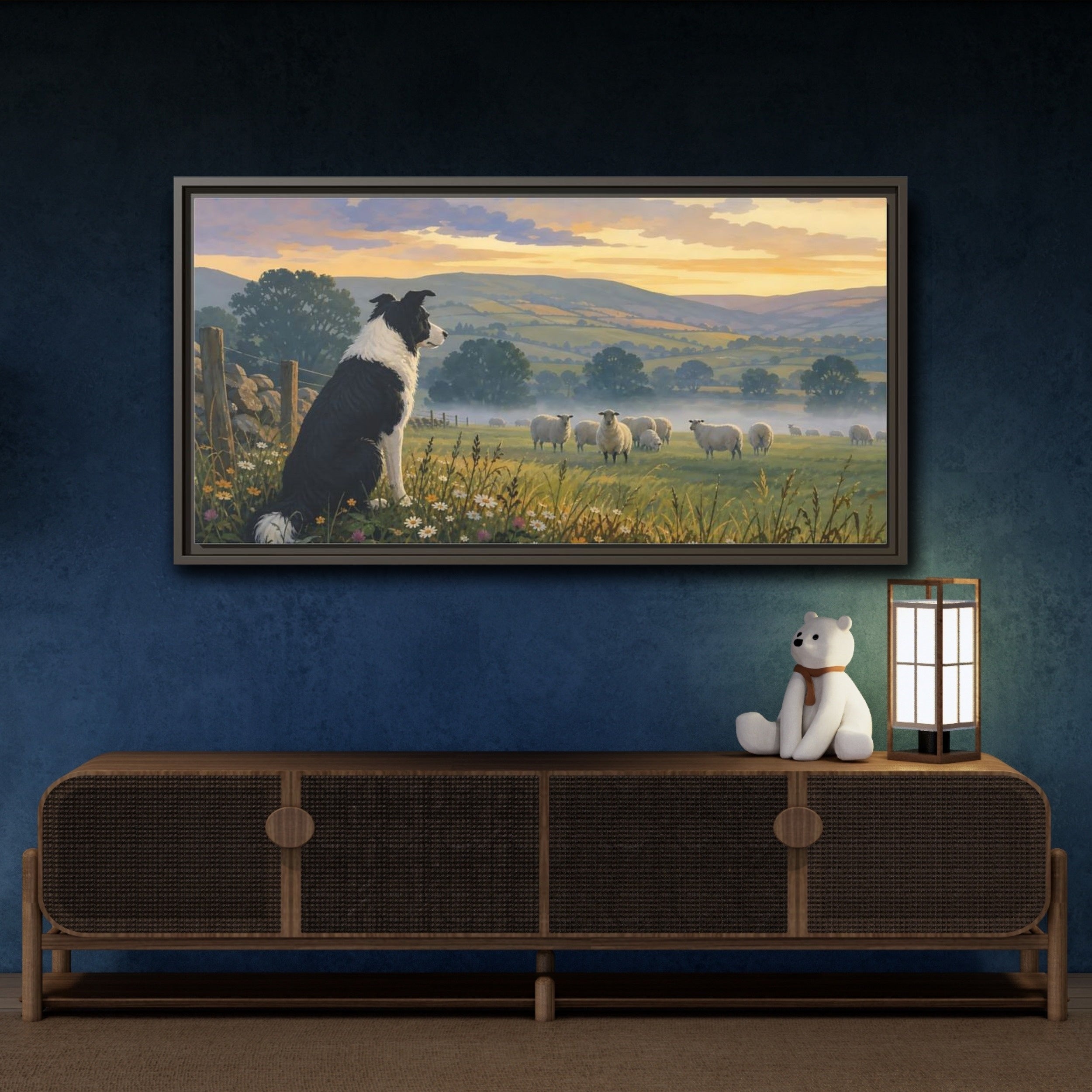 Mockup 4. Animals Border Collie Pastoral Dog Scene shown as stretched canvas wall art