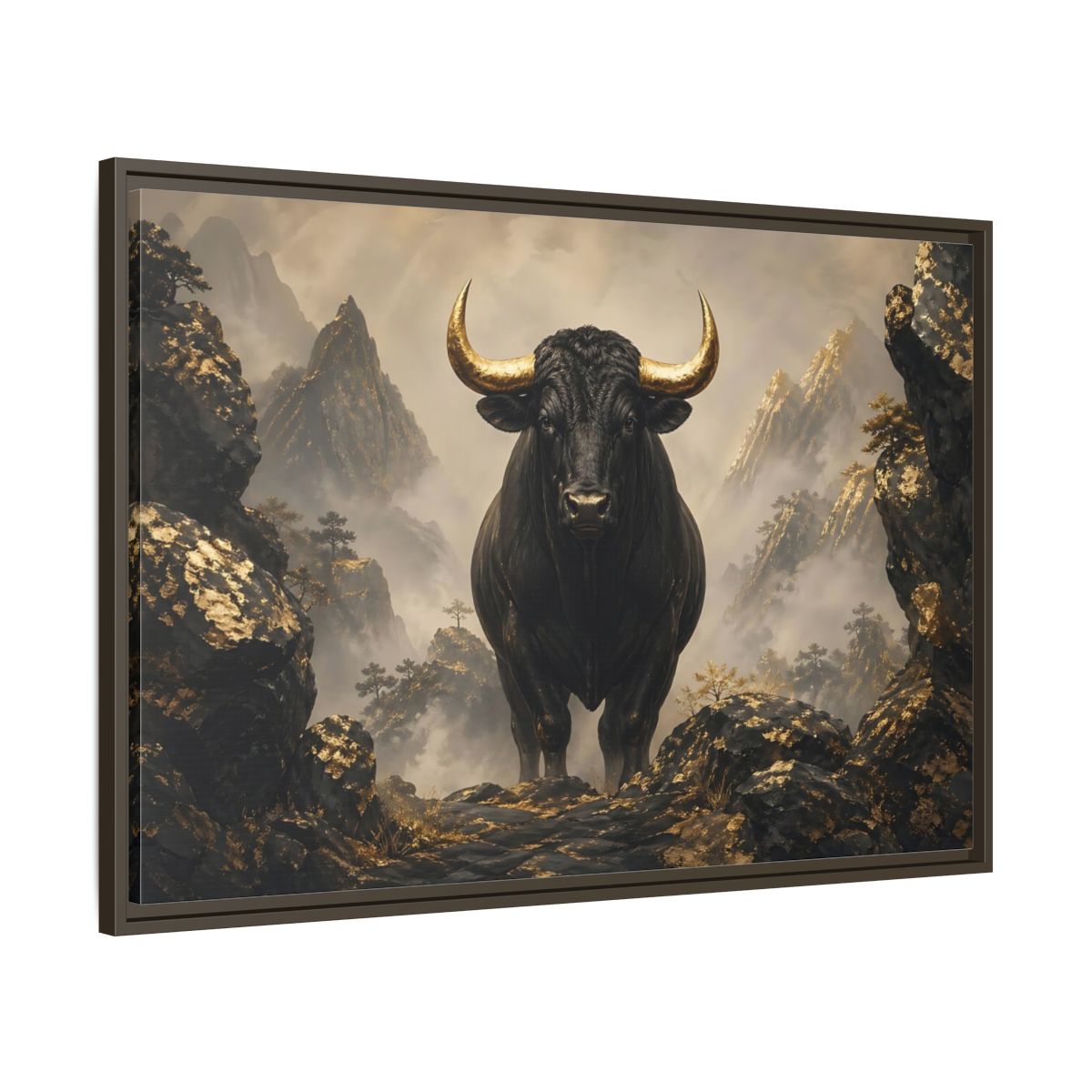 Main Mockup. Animals Bull Black And Gold Bull shown as stretched canvas wall art