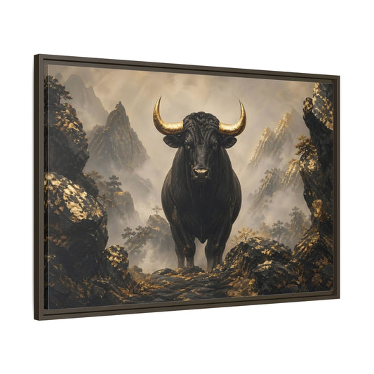 Main Mockup. Animals Bull Black And Gold Bull shown as stretched canvas wall art