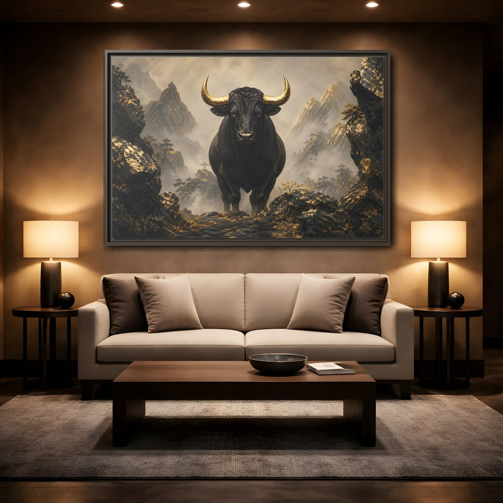 Mockup 2. Animals Bull Black And Gold Bull shown as stretched canvas wall art