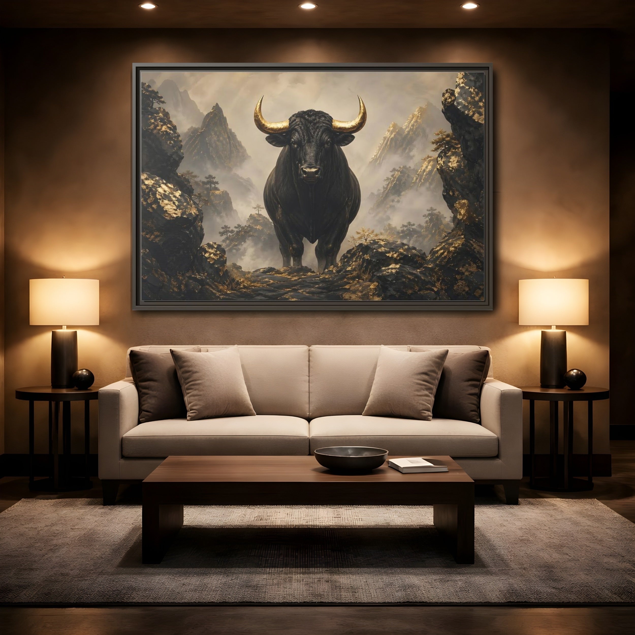 Mockup 2. Animals Bull Black And Gold Bull shown as stretched canvas wall art