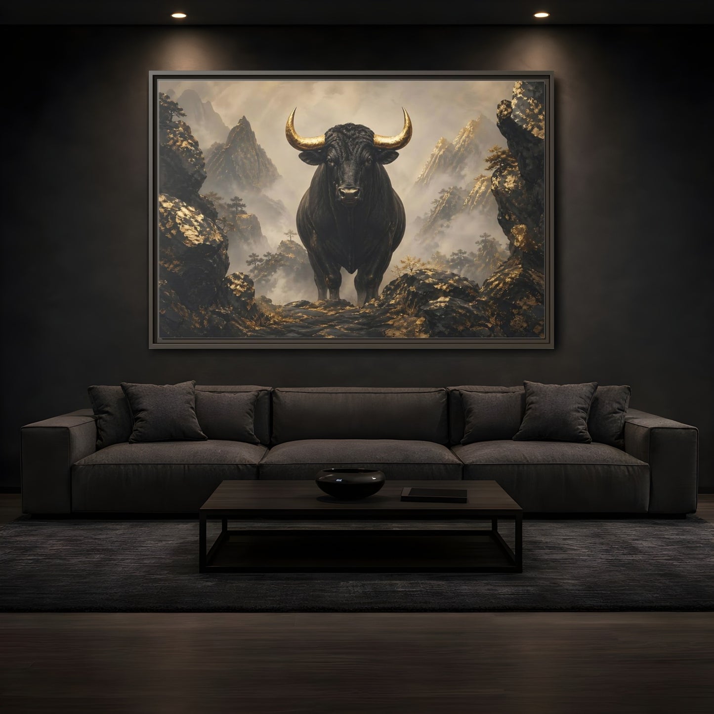 Mockup 3. Animals Bull Black And Gold Bull shown as stretched canvas wall art