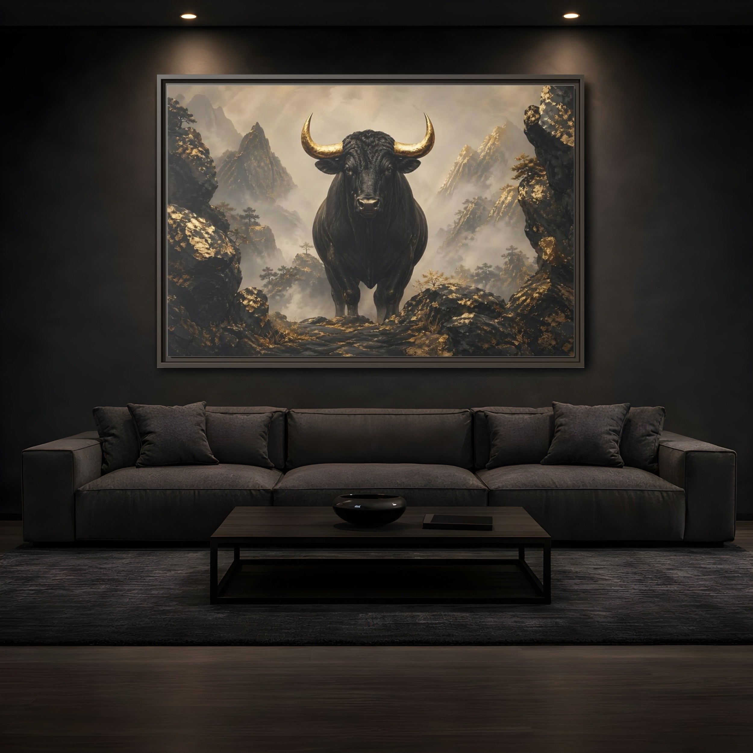 Mockup 3. Animals Bull Black And Gold Bull shown as stretched canvas wall art