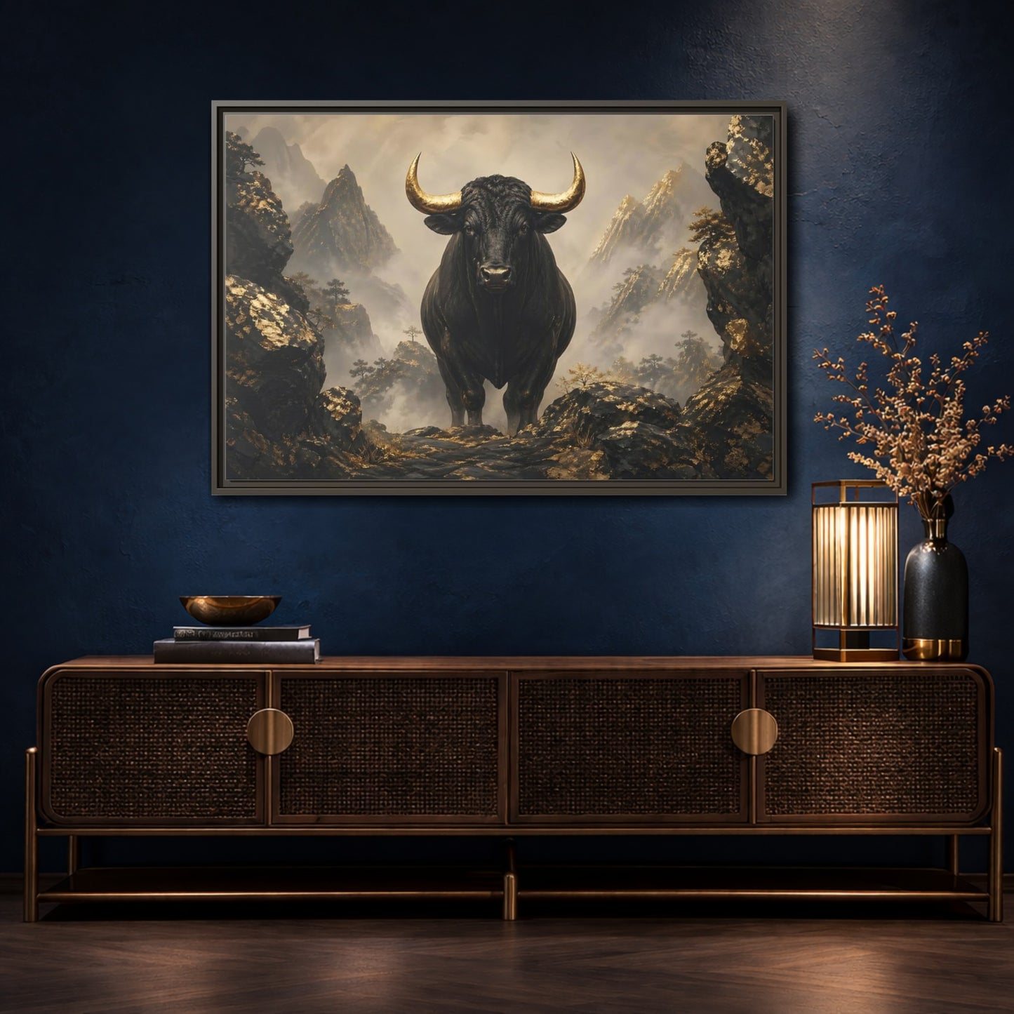 Mockup 4. Animals Bull Black And Gold Bull shown as stretched canvas wall art