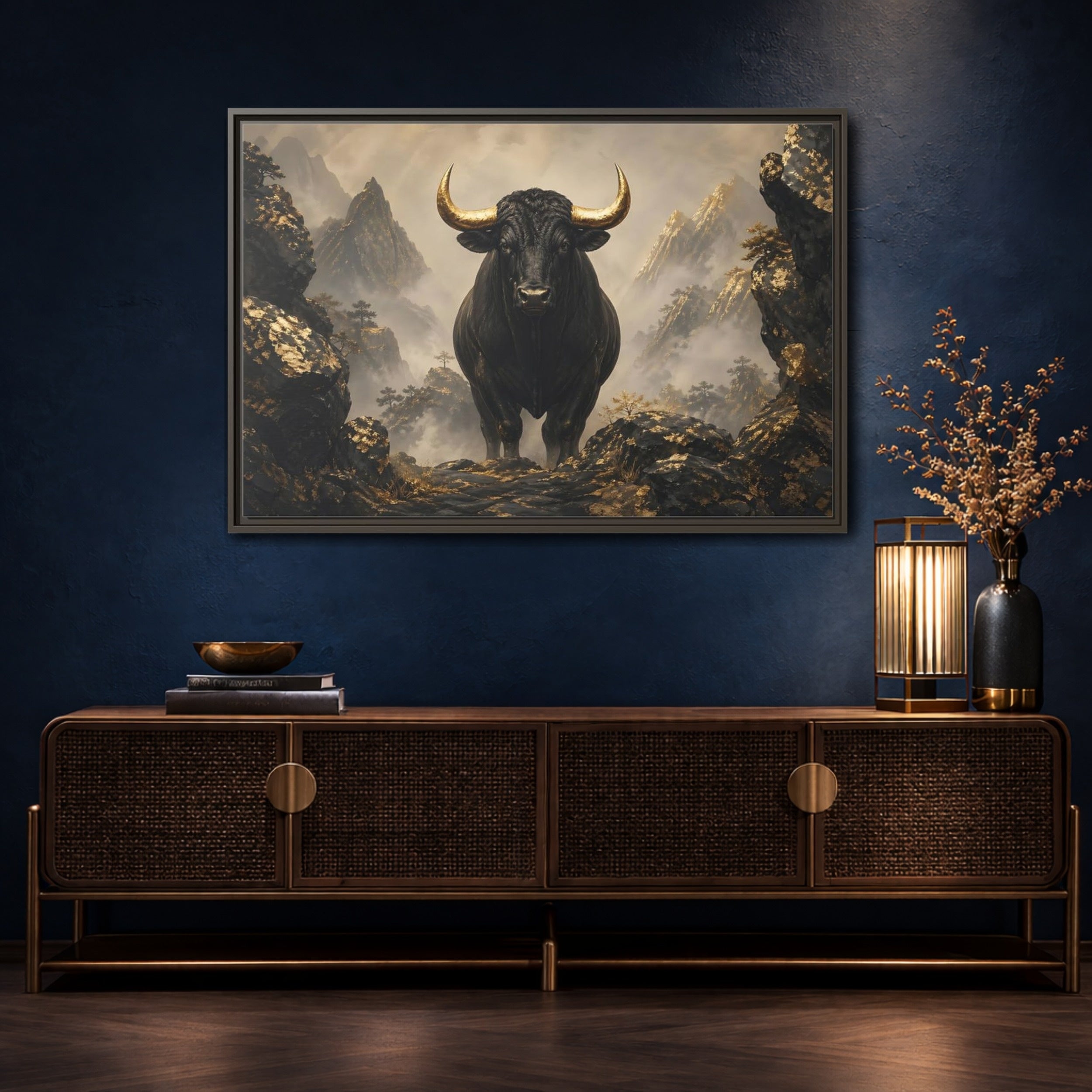Mockup 4. Animals Bull Black And Gold Bull shown as stretched canvas wall art