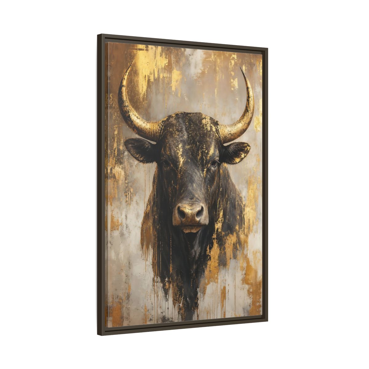 Main Mockup. Animals Bull Black And Gold shown as stretched canvas wall art