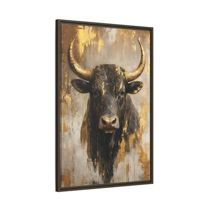 Main Mockup. Animals Bull Black And Gold shown as stretched canvas wall art