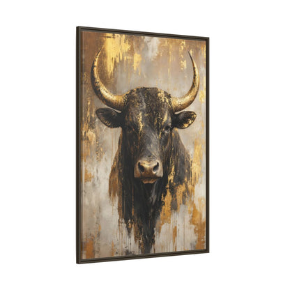 Side Mockup 8. Animals Bull Black And Gold shown as stretched canvas wall art