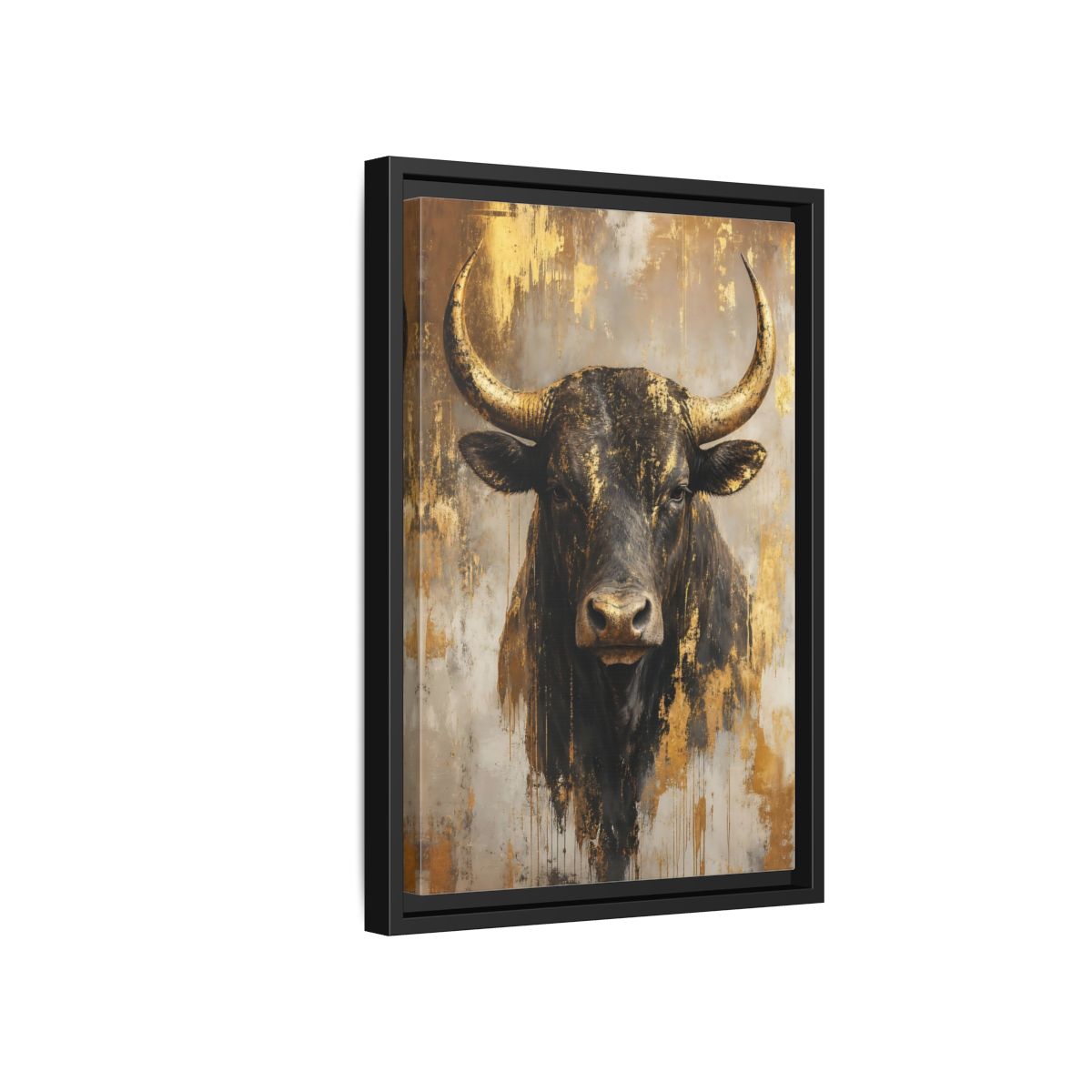 Side Mockup 6. Animals Bull Black And Gold shown as stretched canvas wall art