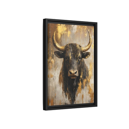 Side Mockup 6. Animals Bull Black And Gold shown as stretched canvas wall art