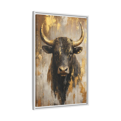 Side Mockup 10. Animals Bull Black And Gold shown as stretched canvas wall art