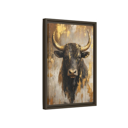 Side Mockup 5. Animals Bull Black And Gold shown as stretched canvas wall art