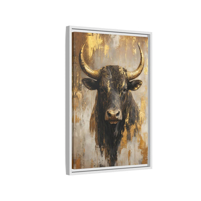 Side Mockup 1. Animals Bull Black And Gold shown as stretched canvas wall art