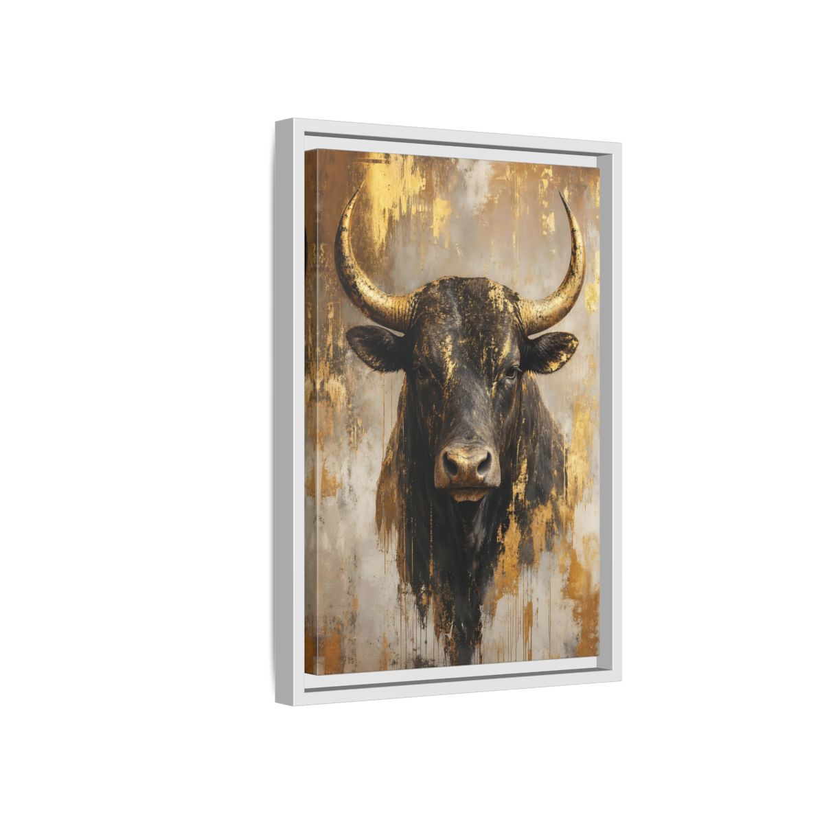 Side Mockup 4. Animals Bull Black And Gold shown as stretched canvas wall art