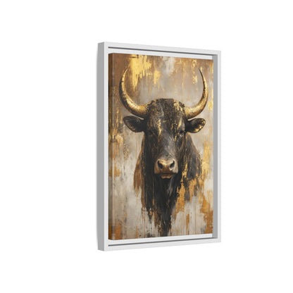 Side Mockup 4. Animals Bull Black And Gold shown as stretched canvas wall art