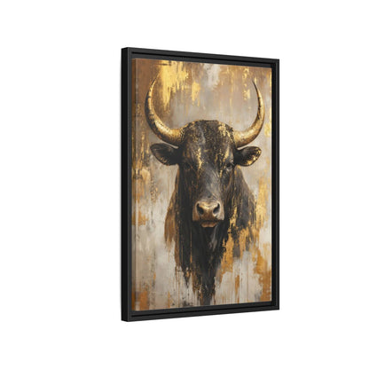Side Mockup 3. Animals Bull Black And Gold shown as stretched canvas wall art