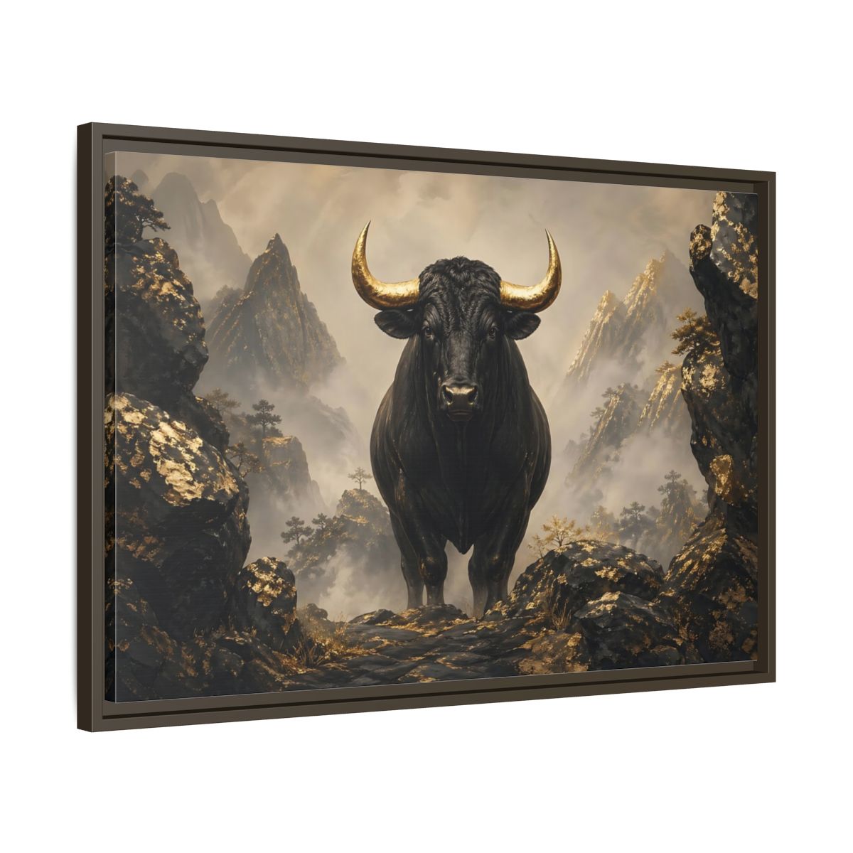 Side Mockup 11. Animals Bull Black And Gold Bull shown as stretched canvas wall art
