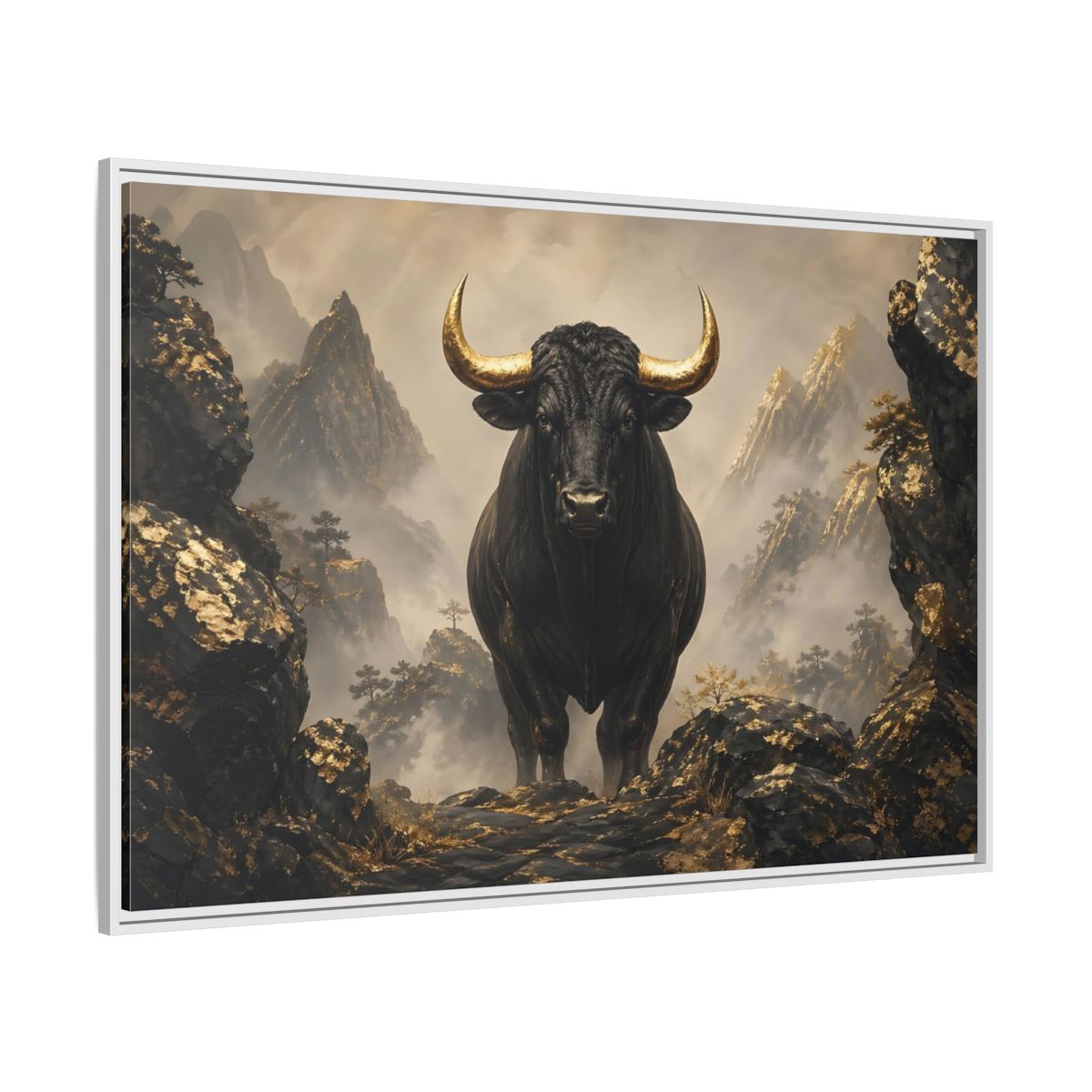 Side Mockup 7. Animals Bull Black And Gold Bull shown as stretched canvas wall art