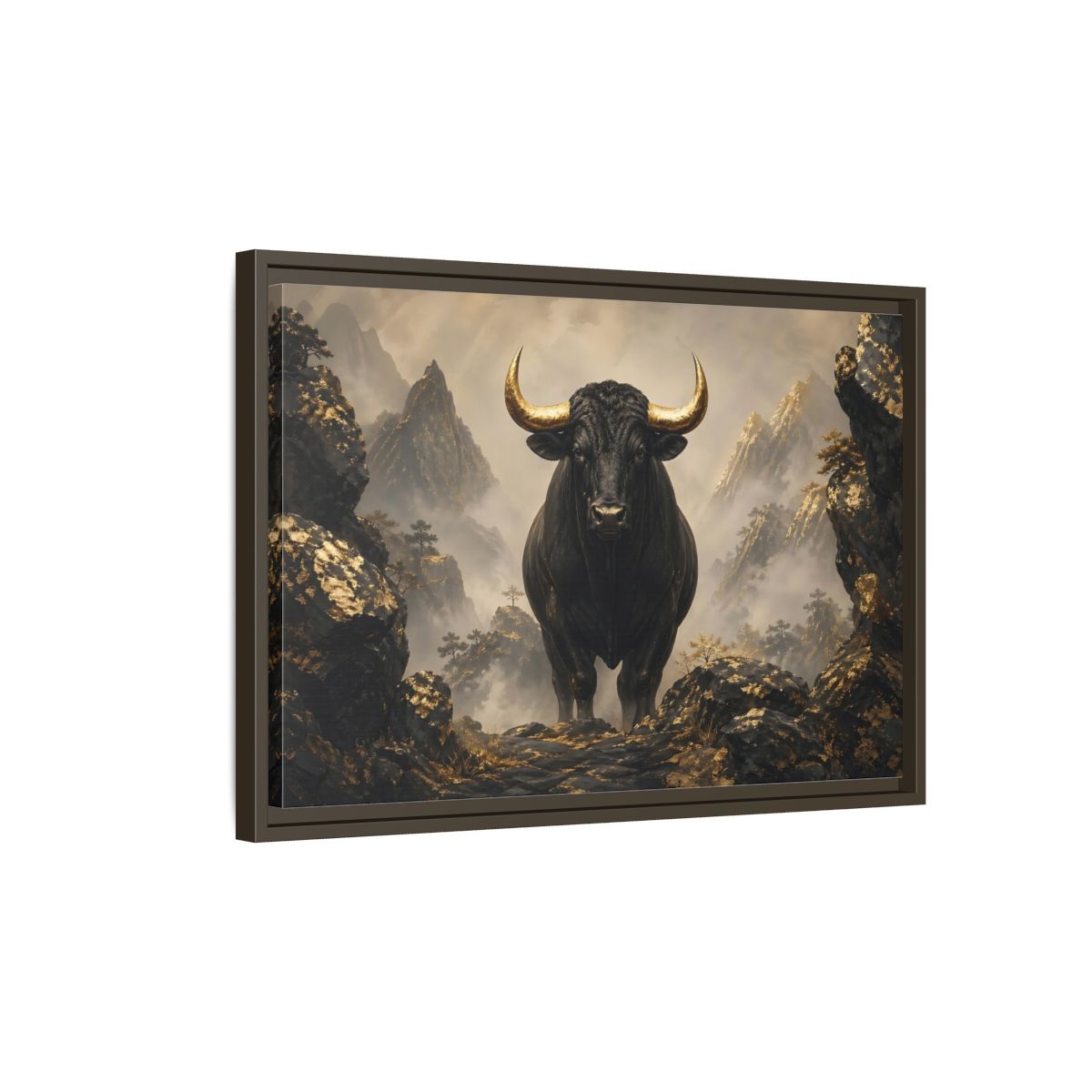Side Mockup 2. Animals Bull Black And Gold Bull shown as stretched canvas wall art