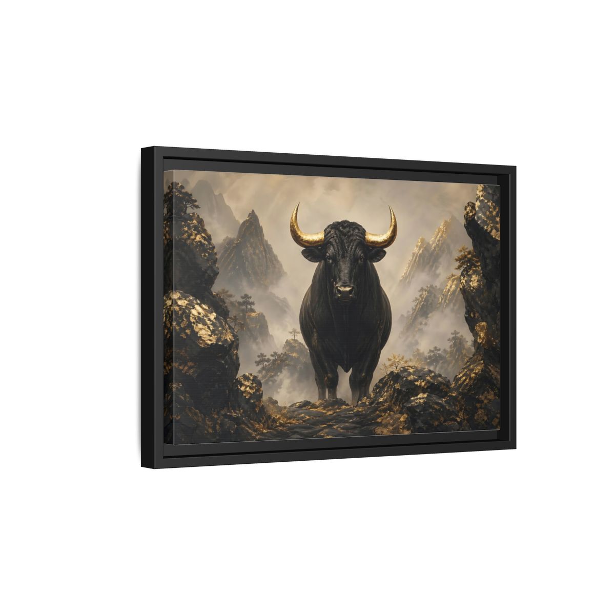 Side Mockup 6. Animals Bull Black And Gold Bull shown as stretched canvas wall art