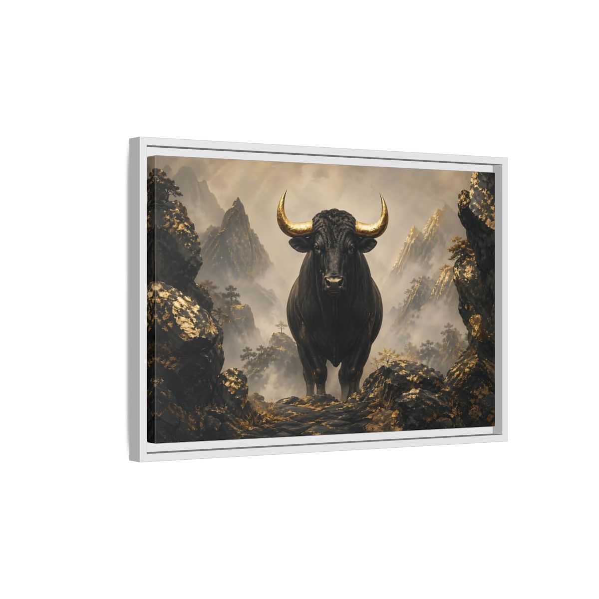 Side Mockup 1. Animals Bull Black And Gold Bull shown as stretched canvas wall art