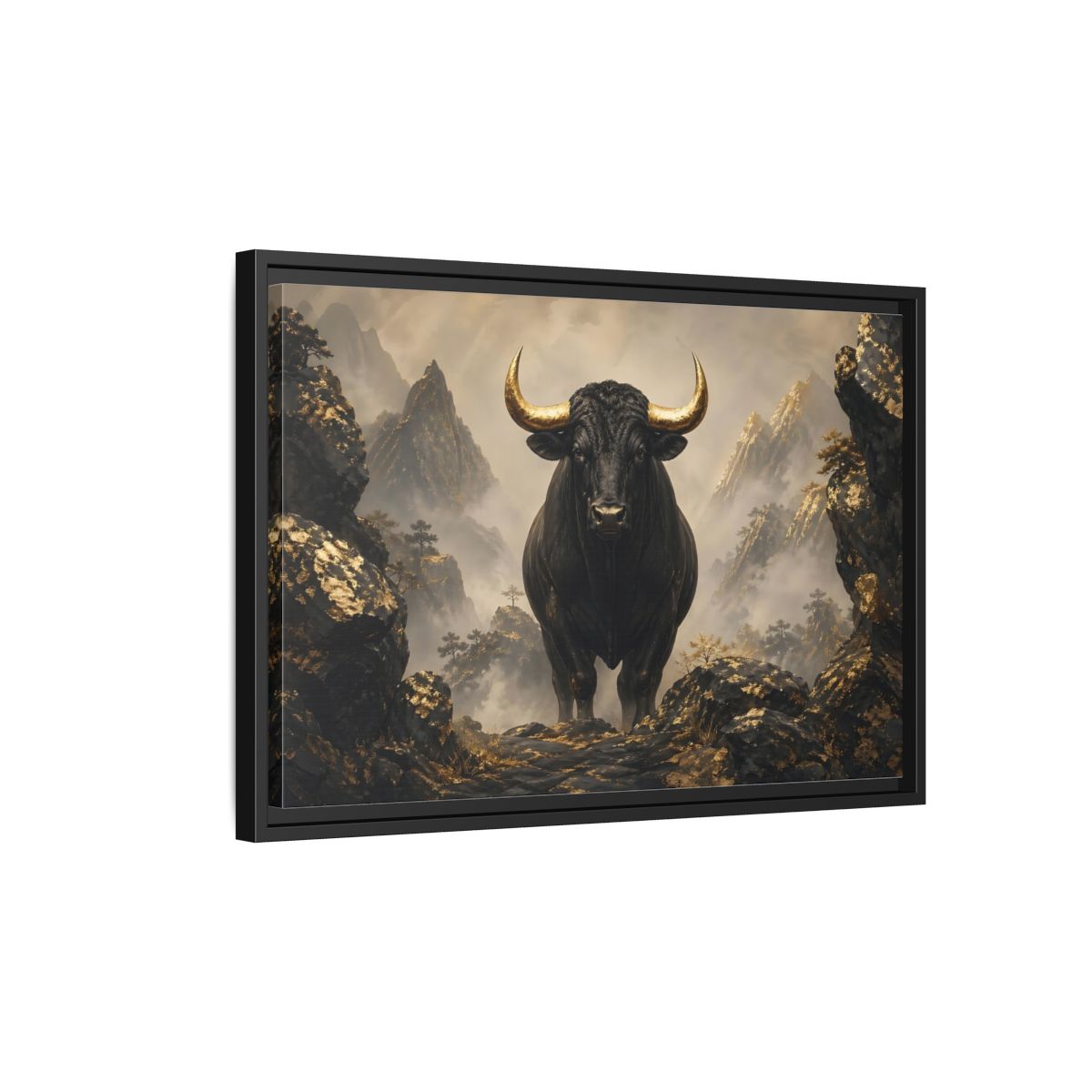 Side Mockup 3. Animals Bull Black And Gold Bull shown as stretched canvas wall art