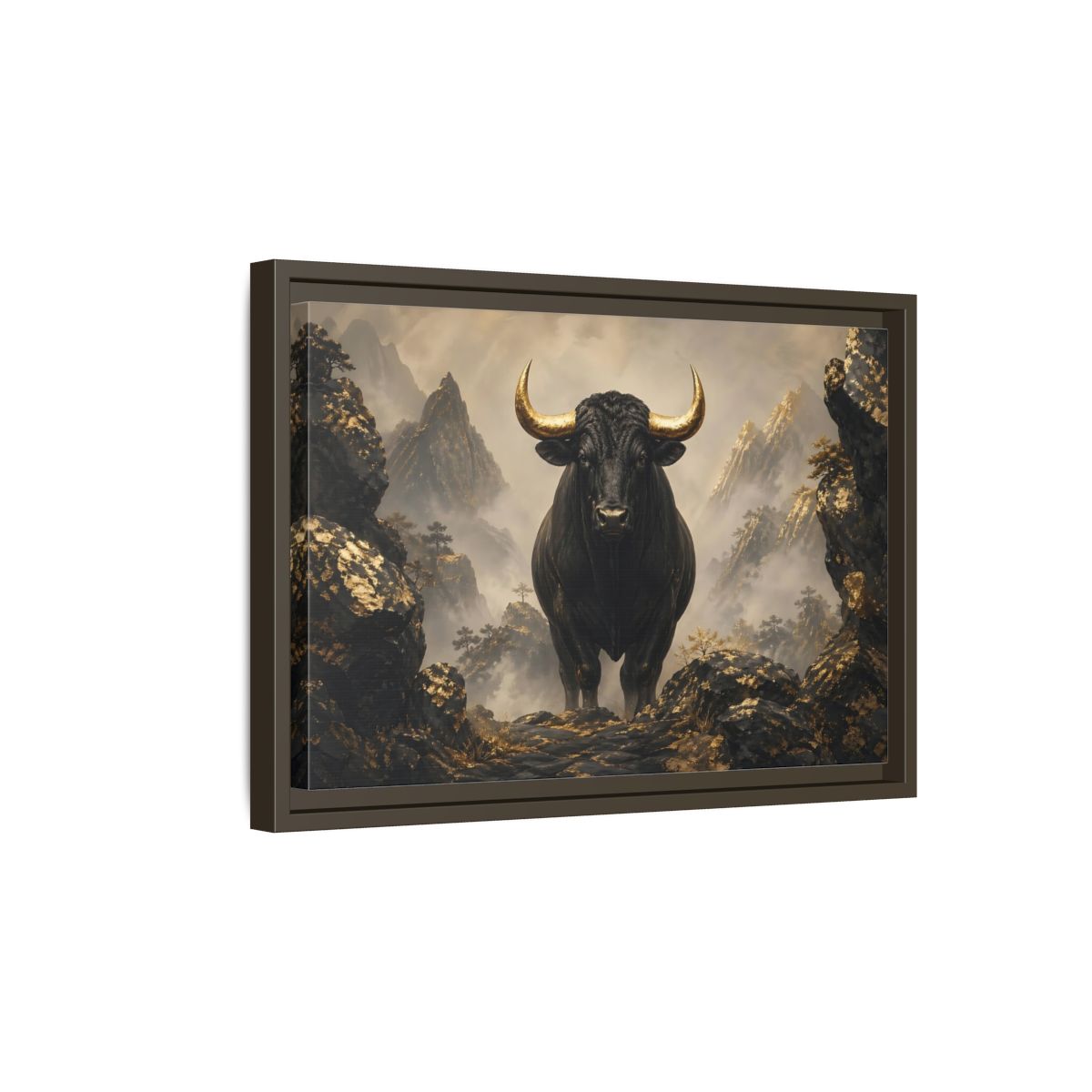 Side Mockup 5. Animals Bull Black And Gold Bull shown as stretched canvas wall art